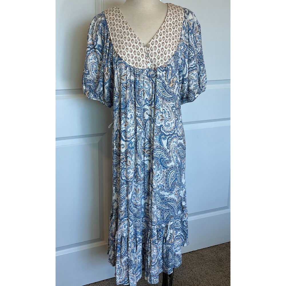 Lucky Brand Womens Dress Large Paisley Midi Tiered Ruffle Prairie Boho Peasant